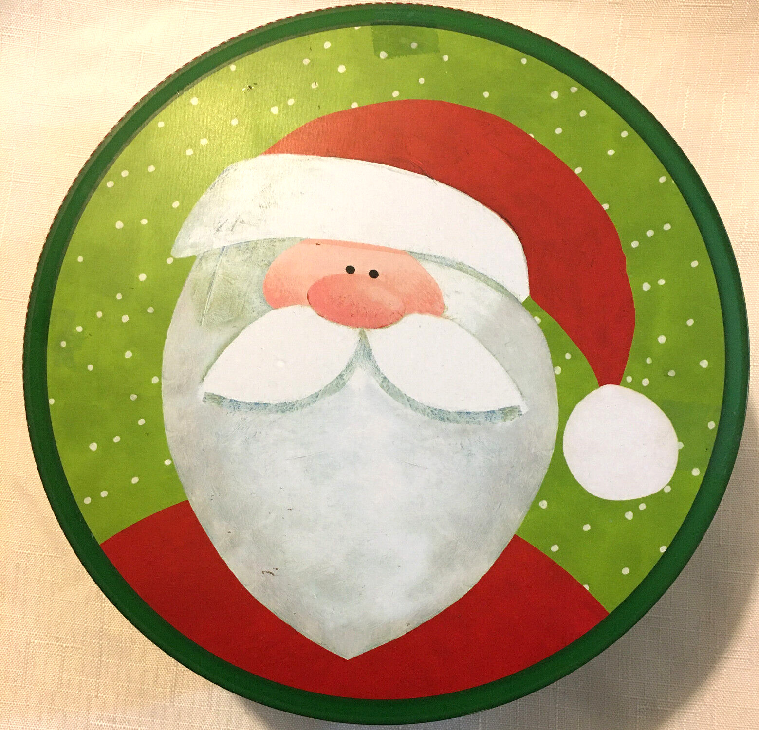 VTG Lindy Bowman Santa Holiday Cookie Tin Container Round Empty 7 3/4 IN 2007 