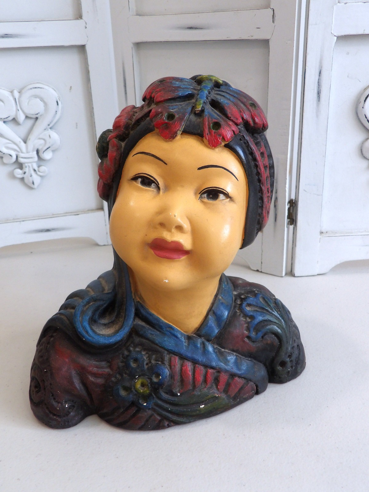 RARE Vintage MCM Retro Joe Celona Asian Chinese Woman Bust~Butterfly Headband