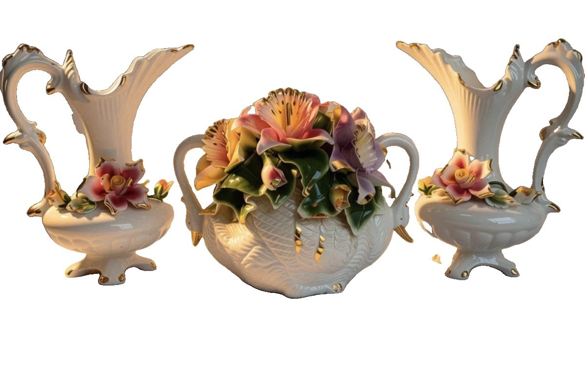 Vintage Capodimonte Porcelain 3-Piece Garniture Set Swan Centerpiece & 12 Vintage Capodimonte Porcelain 3-Piece Garniture Set Swan Centerpiece & 12