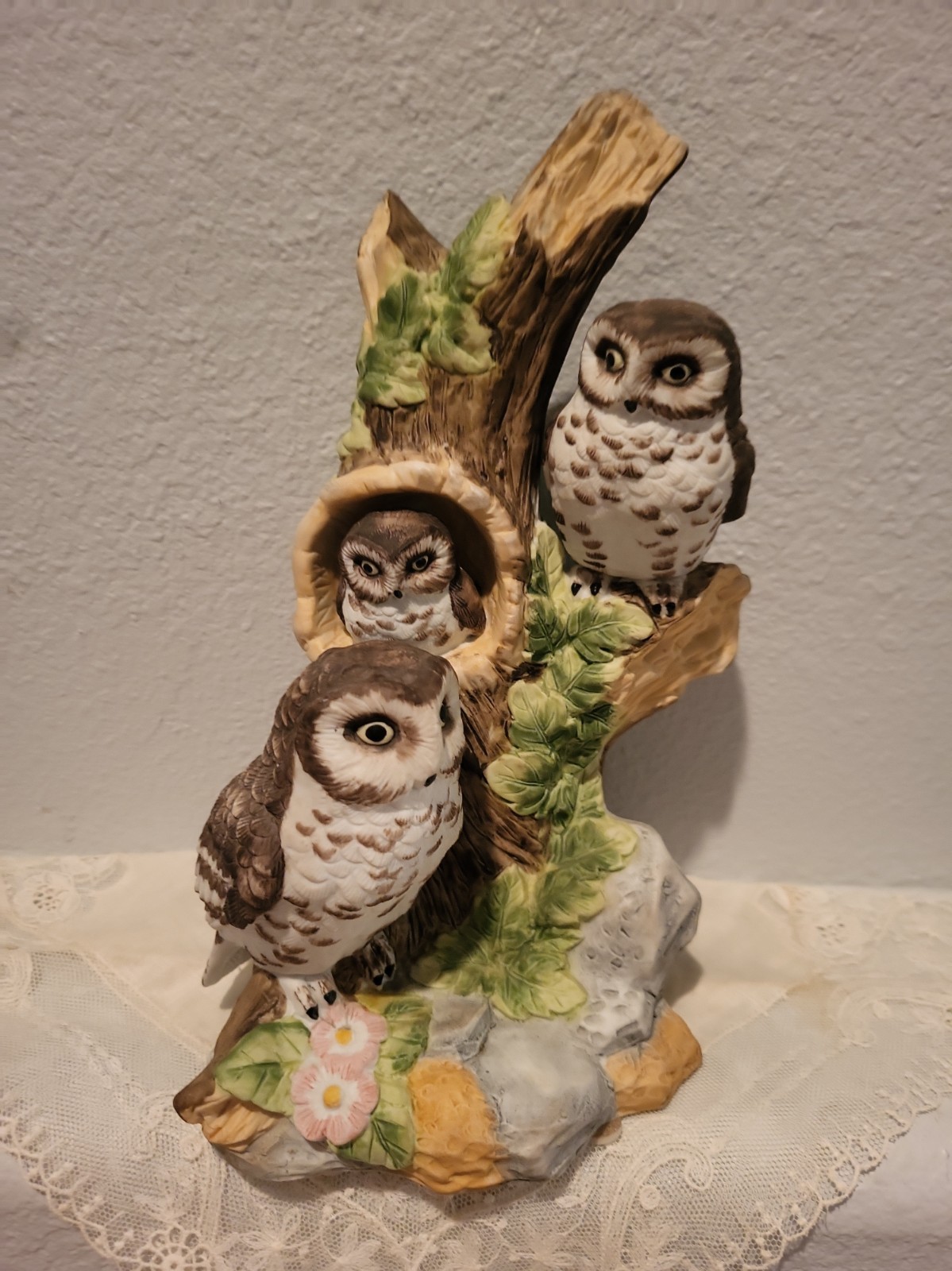 Vintage Owl Family Figurine Mamma Dad and Baby On A Branch Bisque Porcelain Vintage Owl Family Figurine Mamma Dad and Baby On A Branch Bisque Porcelain