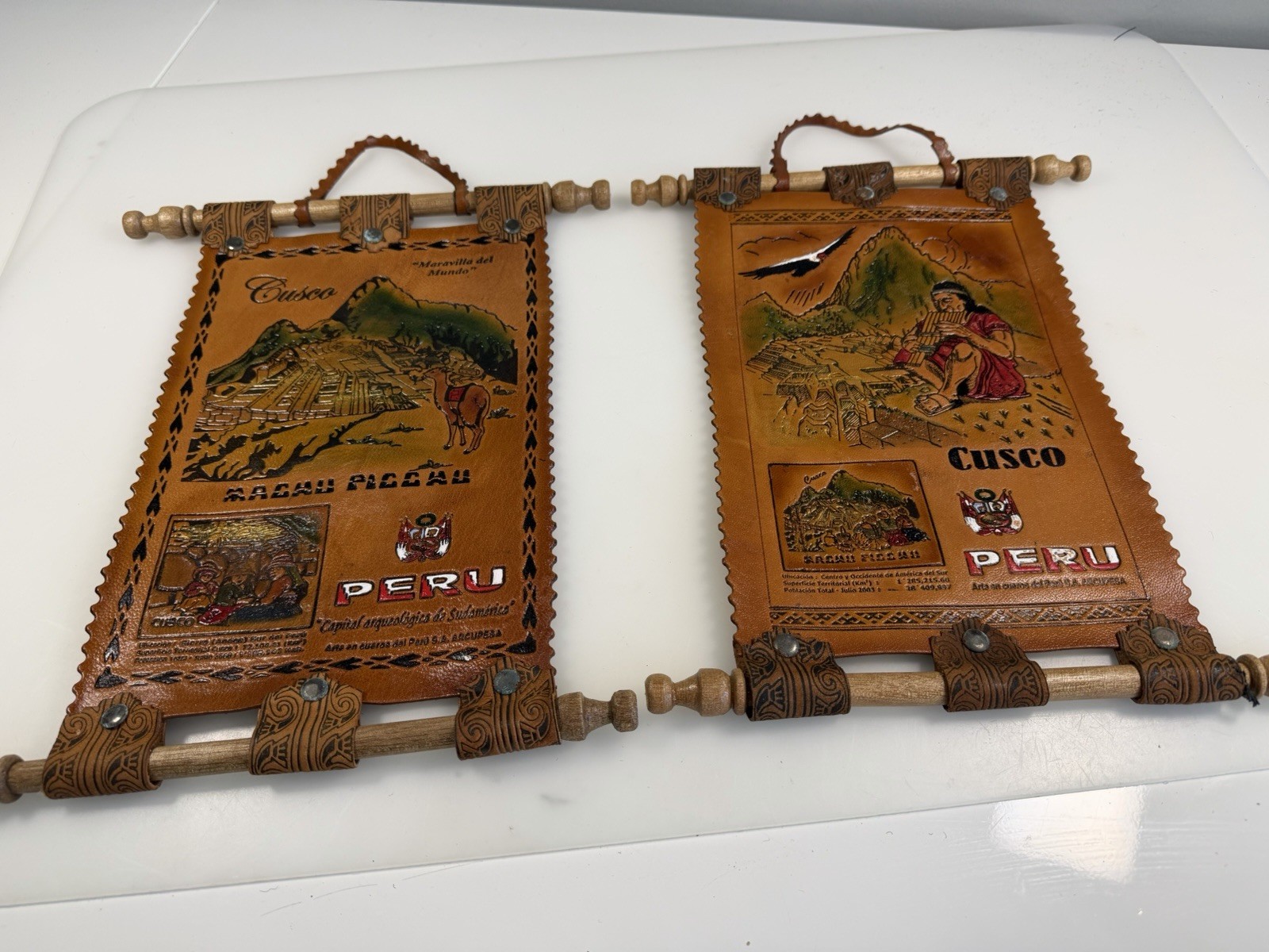 Handmade Vintage Peruvian Tooled Leather Cuso Tapestry Wall Hangings Set Of 2 Handmade Vintage Peruvian Tooled Leather Cuso Tapestry Wall Hangings Set Of 2