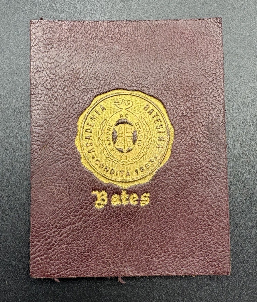 c1910 L20 Bates College Maine College Seal Tobacco Leather Brown Gold 2x2.5 c1910 L20 Bates College Maine College Seal Tobacco Leather Brown Gold 2x2.5