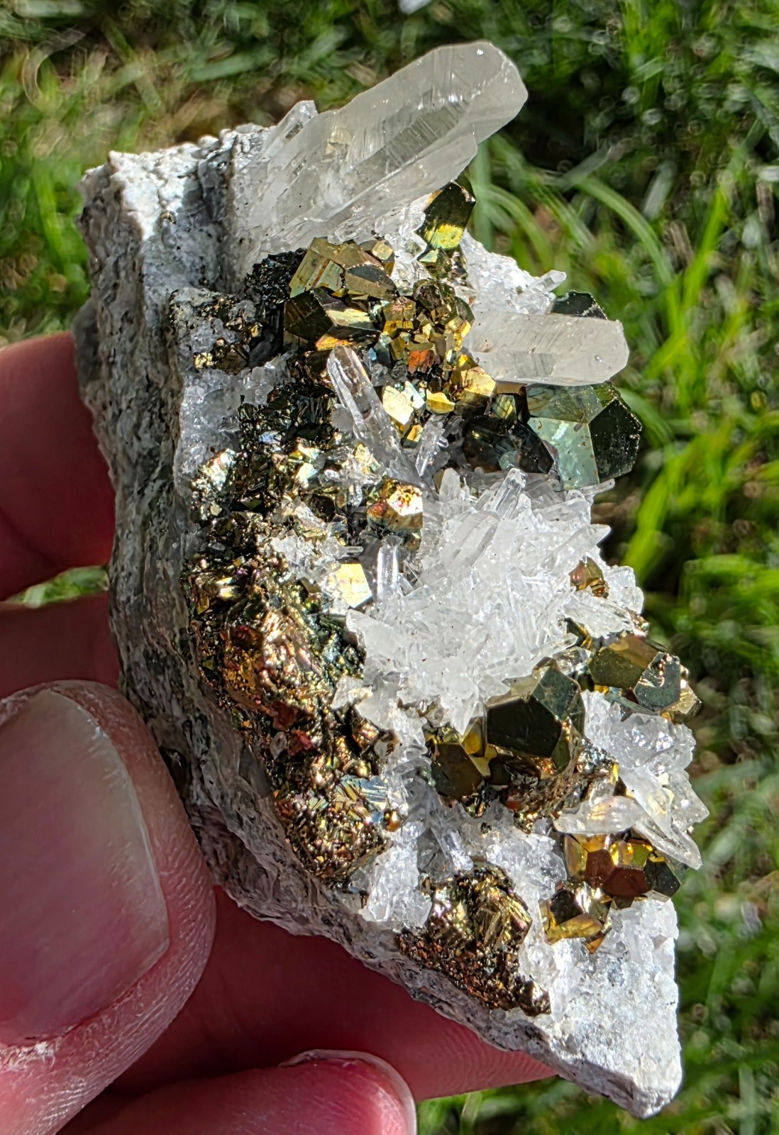 Iridescent Pyrite with Quartz Cluster — Indonesia, 72 grams