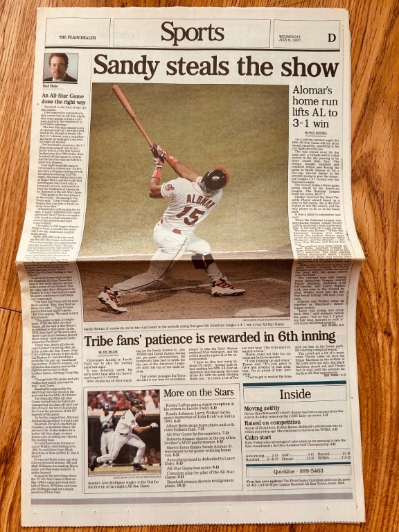 Sandy Alomar Indians 1997 MLB All-Star Game MVP Cleveland Plain Dealer newspaper Sandy Alomar Indians 1997 MLB All-Star Game MVP Cleveland Plain Dealer newspaper