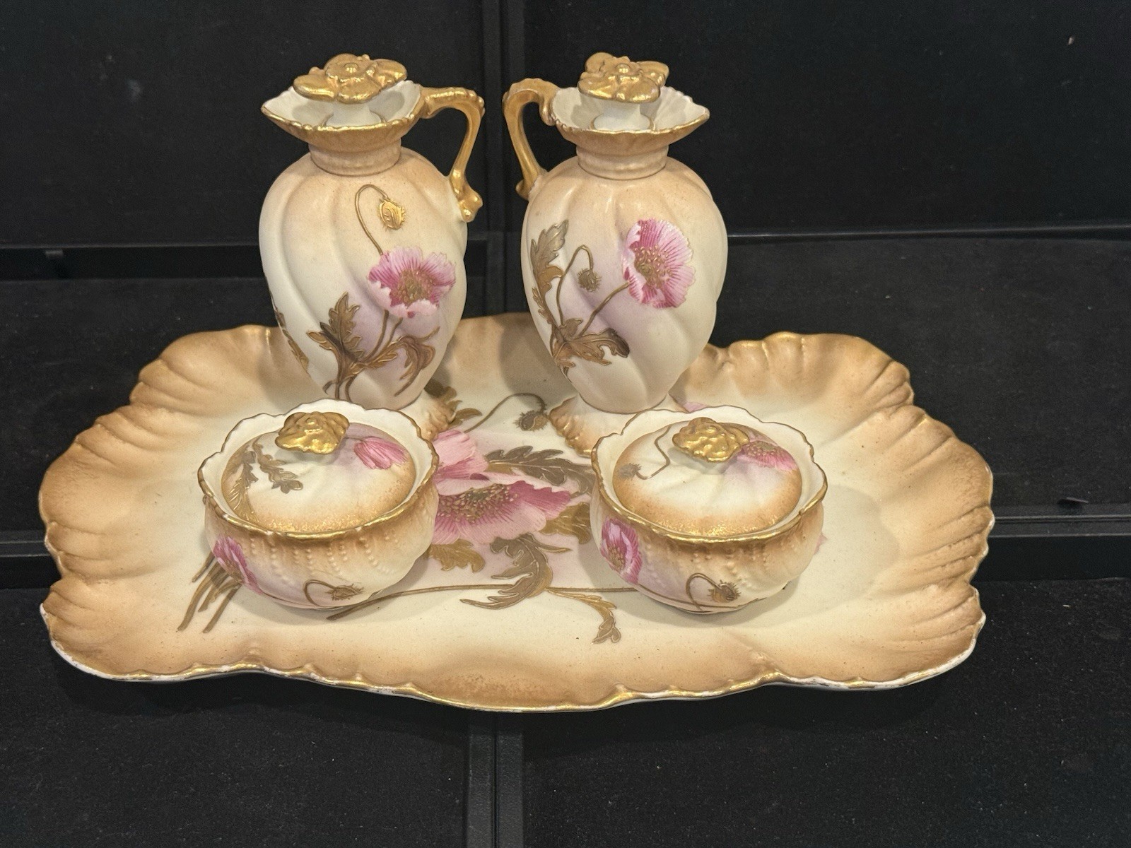 ANTIQUE 5pc A. LANTERNIER & LIMOGES FRANCE PINK POPPY FLORAL DRESSER SET (3D) ANTIQUE 5pc A. LANTERNIER & LIMOGES FRANCE PINK POPPY FLORAL DRESSER SET (3D)