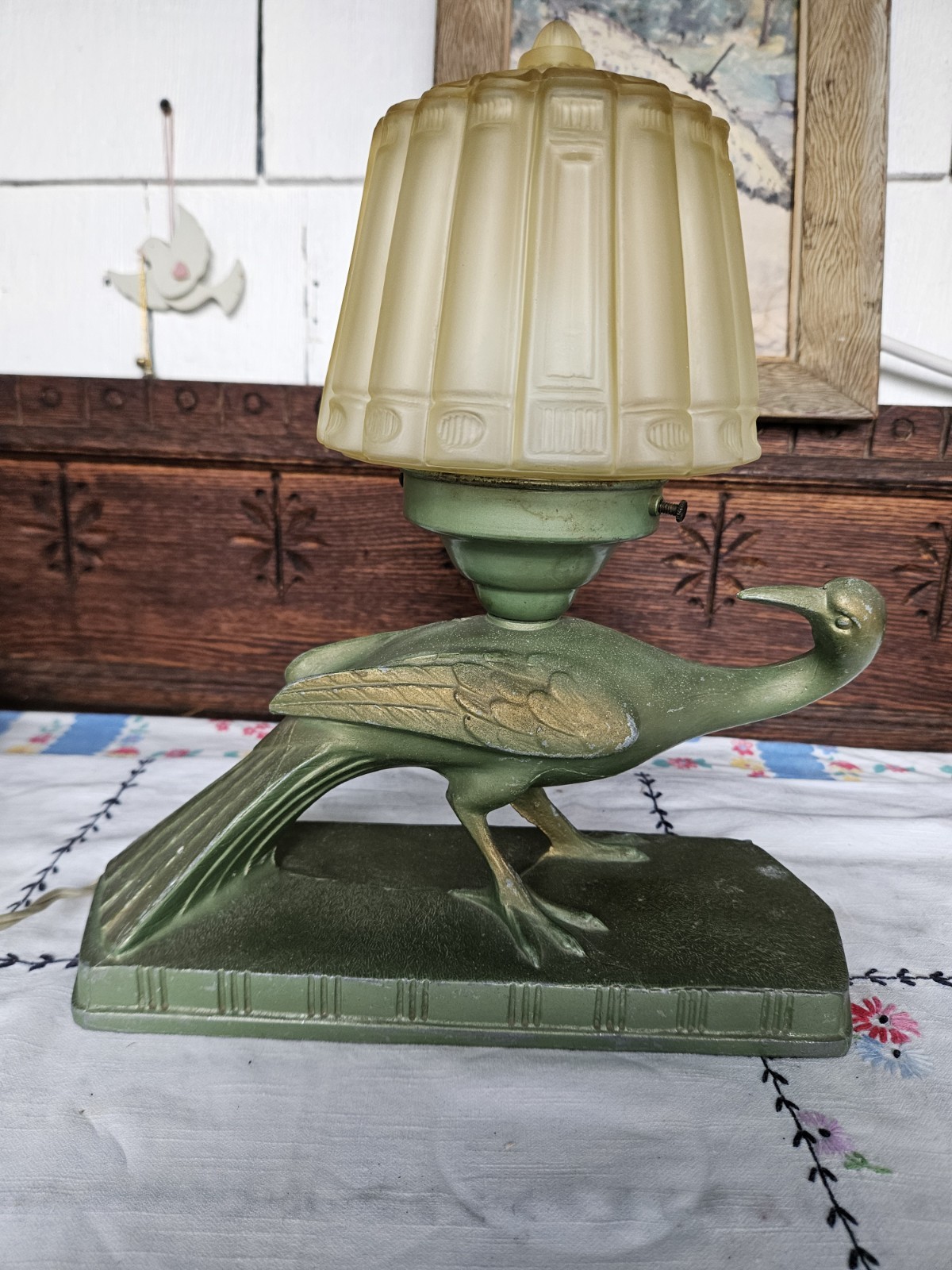 Antique Art Deco Nuart Heron Egret Lamp No 246 Metal Bird Cast Base Glass Shade Antique Art Deco Nuart Heron Egret Lamp No 246 Metal Bird Cast Base Glass Shade