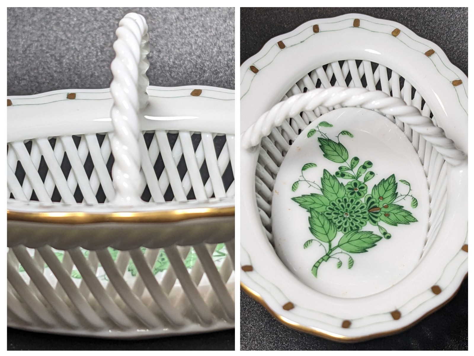 Herend Hungary Apponyi Green Chinese Bouquet Porcelain Open Weave Basket wHandle