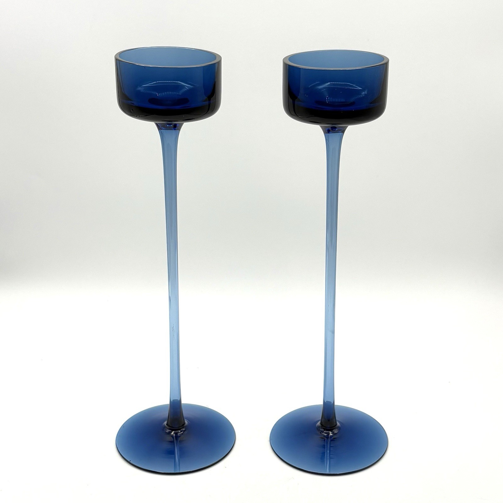 Pair Wedgwood Brancaster By Stennett Wilson Tall Glass Dark Blue Candle Holders