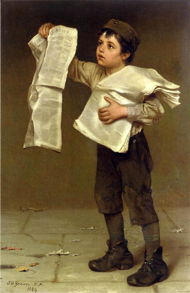 Oil painting boy child in street Newsboy-John-George-Brown-oil-painting handmade