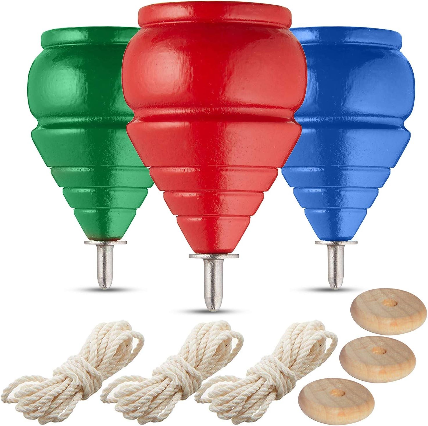 Spinning Tops Classic Wooden Trompos Set of 3 with Strings - Eco-Friendly