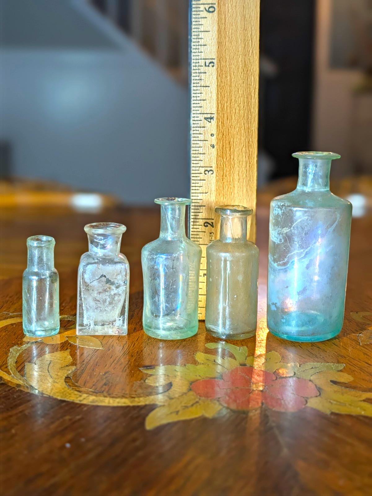 Lot 5 Antique 1850s Miniature Open Pontil Aqua Glass Medicine Ink Vials Bottles