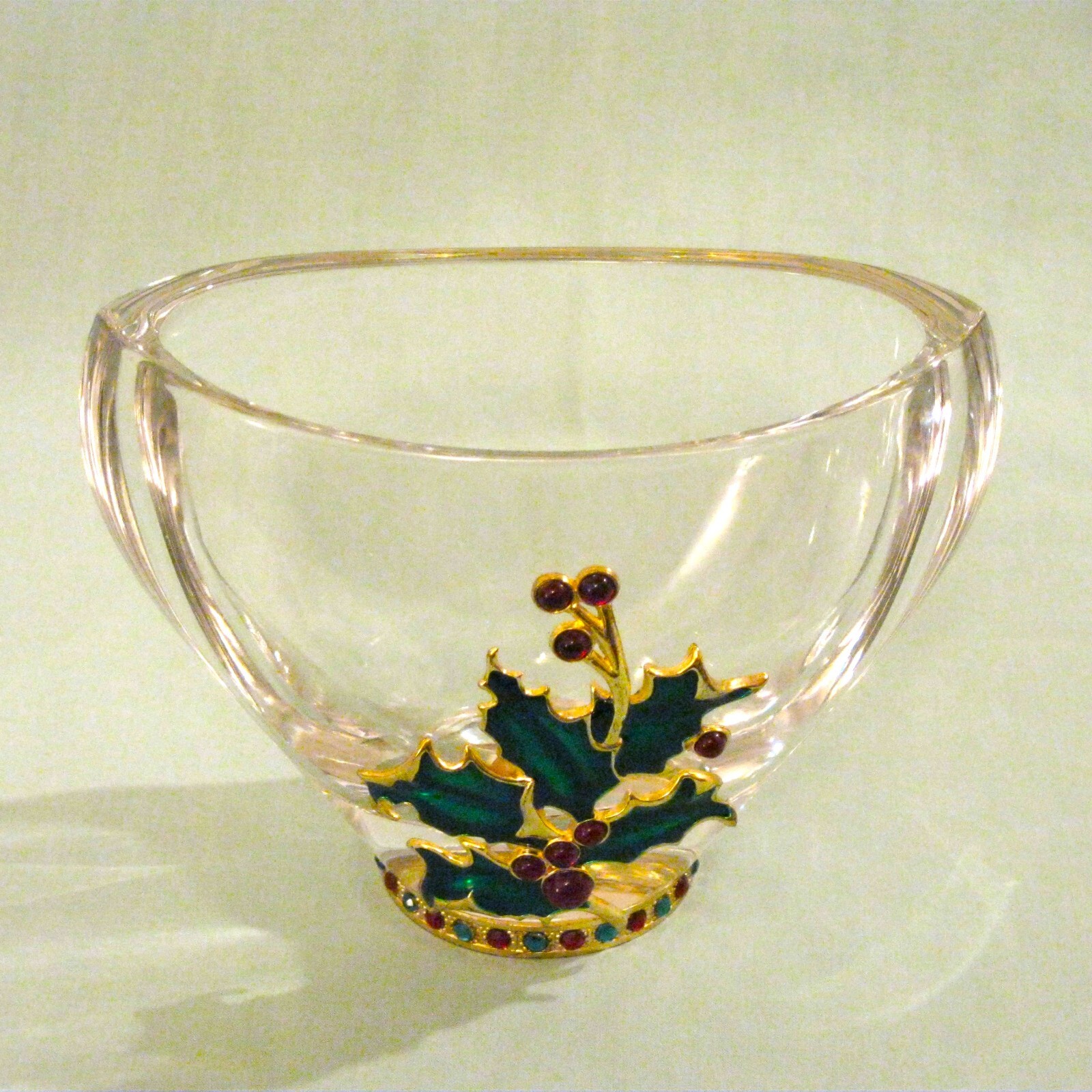 CHRISTMAS Bohemian Crystal Enamel Holly Vase Planter Vintage Teleflora CHRISTMAS Bohemian Crystal Enamel Holly Vase Planter Vintage Teleflora
