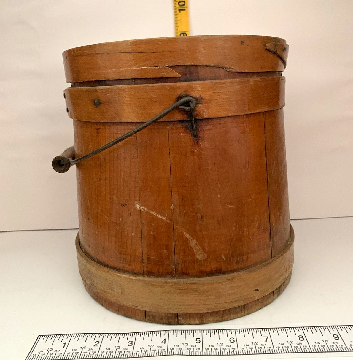 Antique Wooden Firkin Sugar Bucket With Lid And Swing Handle Antique Wooden Firkin Sugar Bucket With Lid And Swing Handle