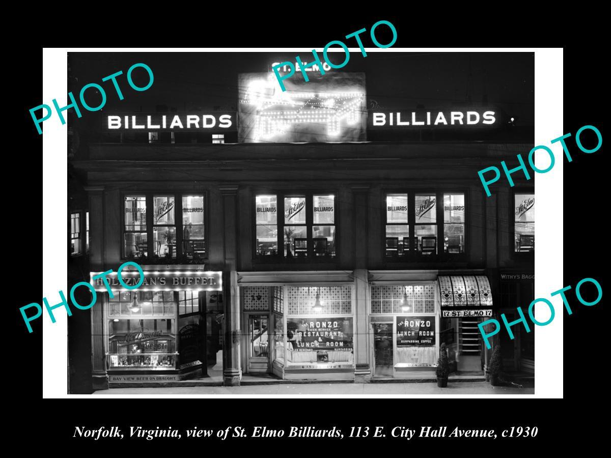 OLD LARGE HISTORIC PHOTO OF NORFOLK VIRGINIA THE St ELMO BILLIARDS HALL c1930 OLD LARGE HISTORIC PHOTO OF NORFOLK VIRGINIA THE St ELMO BILLIARDS HALL c1930