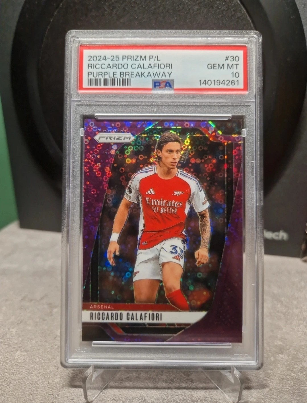 2025 Panini Prizm PL Riccardo Calafiori Arsenal Purple Breakaway #30 /25 PSA 10 2025 Panini Prizm PL Riccardo Calafiori Arsenal Purple Breakaway #30 /25 PSA 10