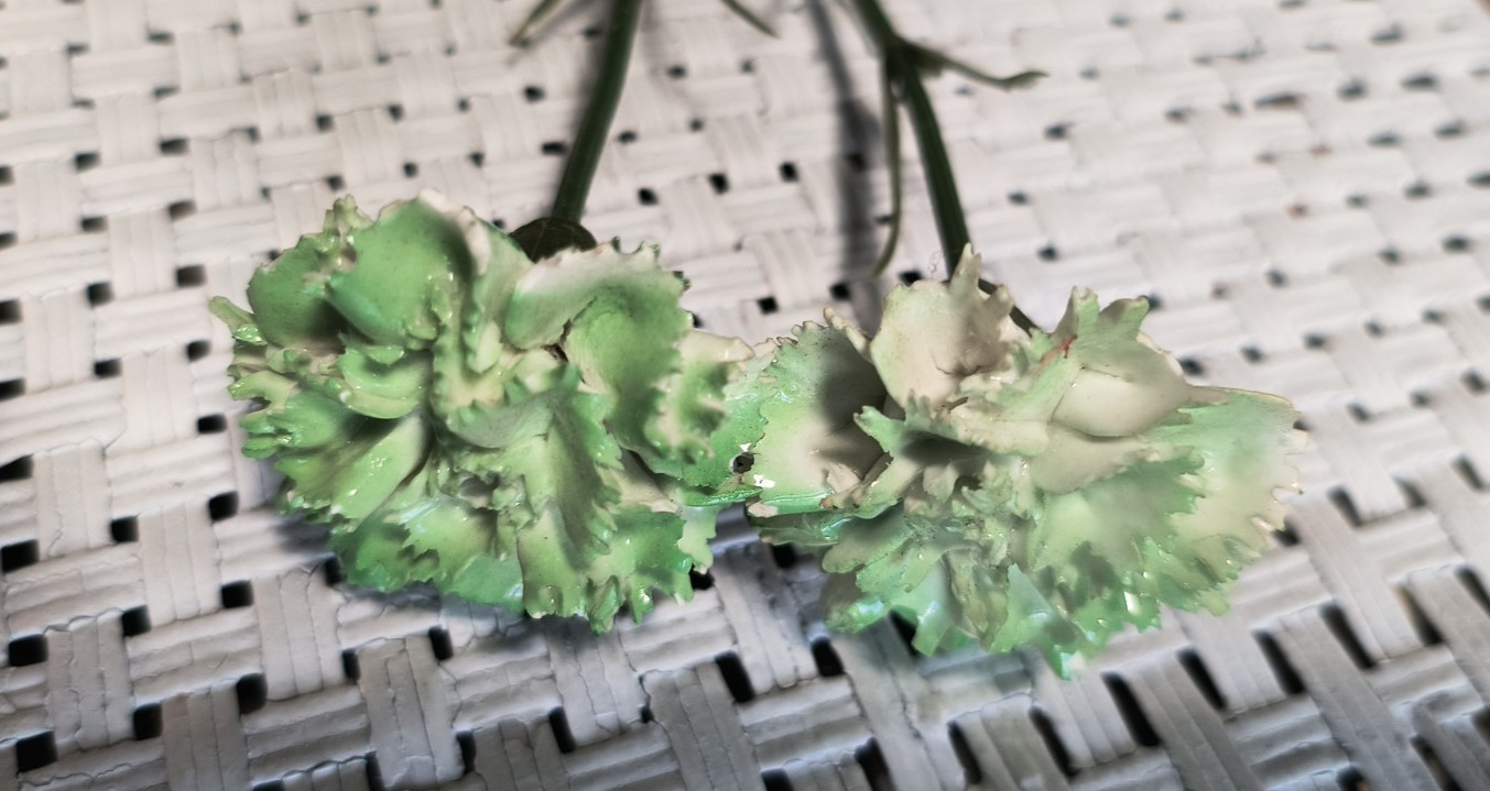 -Lot of 2 Green Vtg Ceramic Carnations with bendable plastic stems π -Lot of 2 Green Vtg Ceramic Carnations with bendable plastic stems π