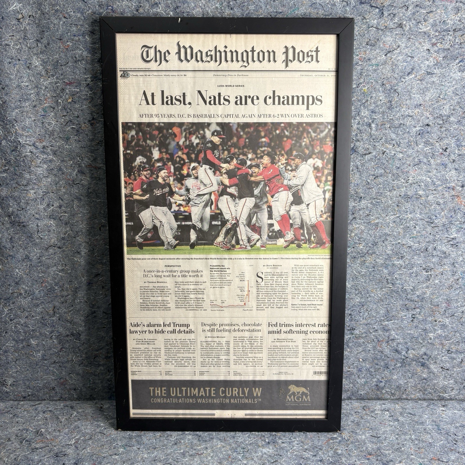 2019 Washington Post Nationals World Series Champions Newspaper Framed 23x13 2019 Washington Post Nationals World Series Champions Newspaper Framed 23x13