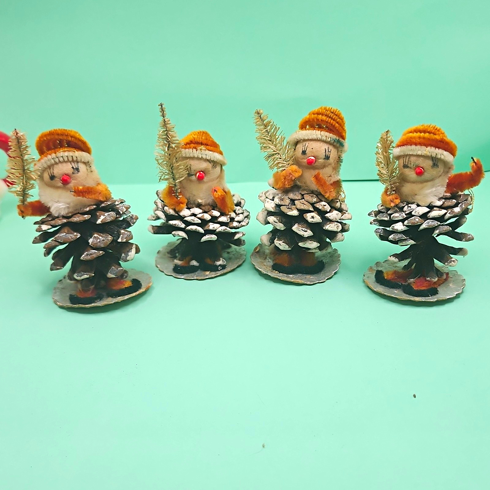 Vtg Set of 4 Pinecone Snowman Putz Spun Cotton Christmas Figurine Chenille JAPAN