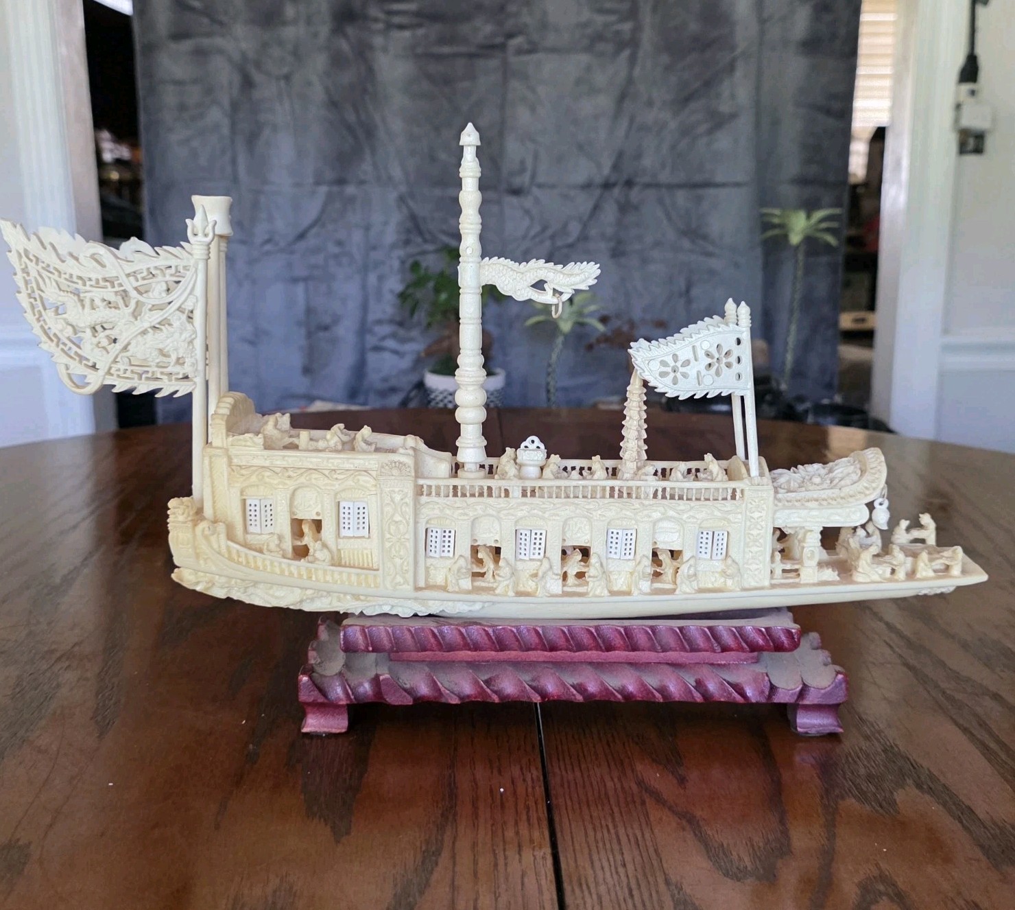 Vintage Intricately Carved Chinese Riverboat On Wood Base Faux Ivory 13.5 Vintage Intricately Carved Chinese Riverboat On Wood Base Faux Ivory 13.5
