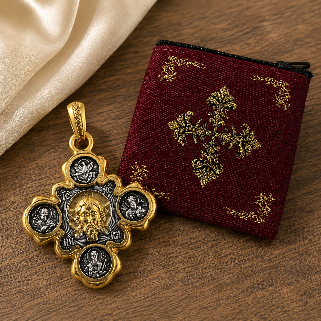 24KT Gold Plated Sterling Silver Orthodox Jesus Christ & Virgin of Kazan Pendant