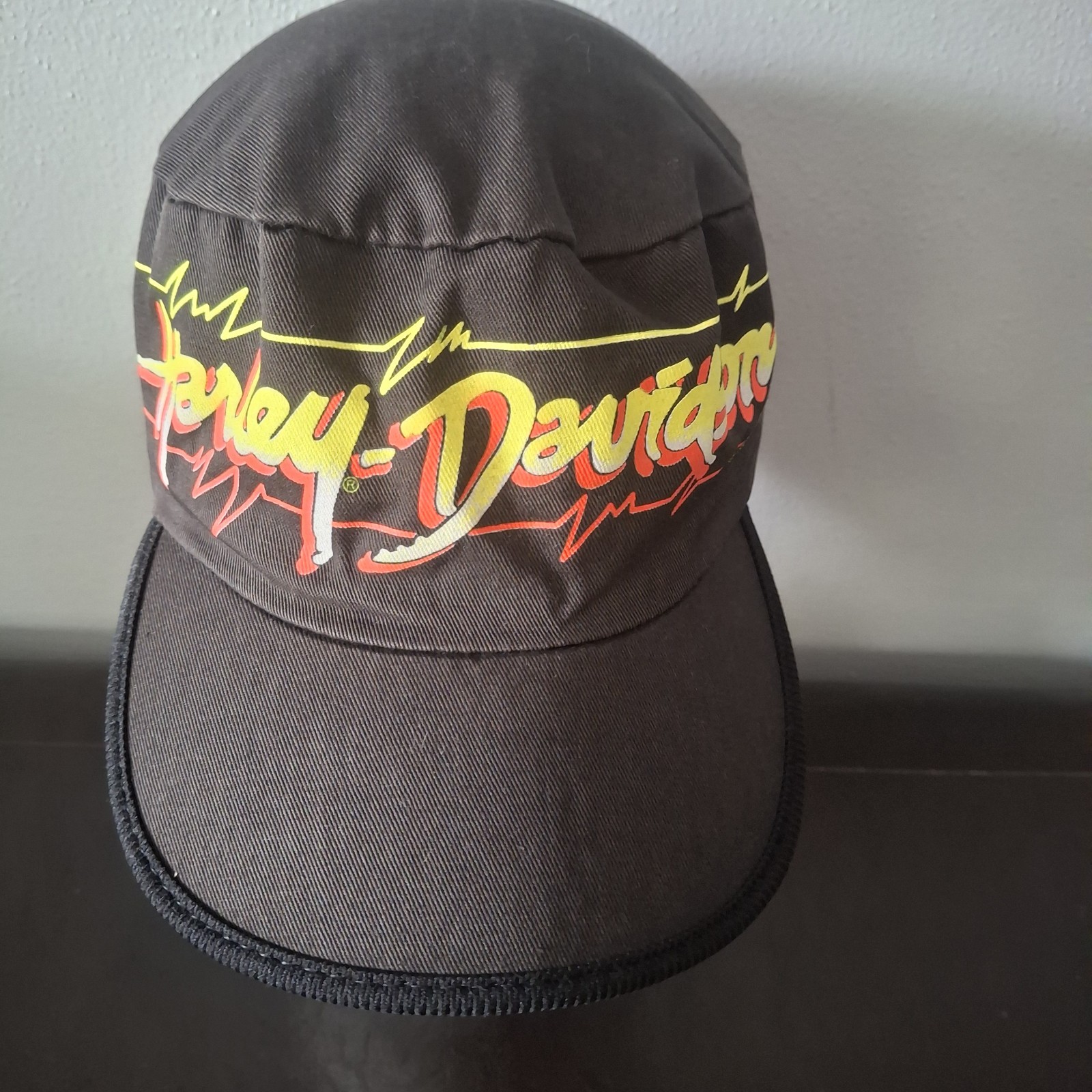 Vintage 1980 Harley Davidson Painters Elastic Hat - Neon Electric Script - Small
