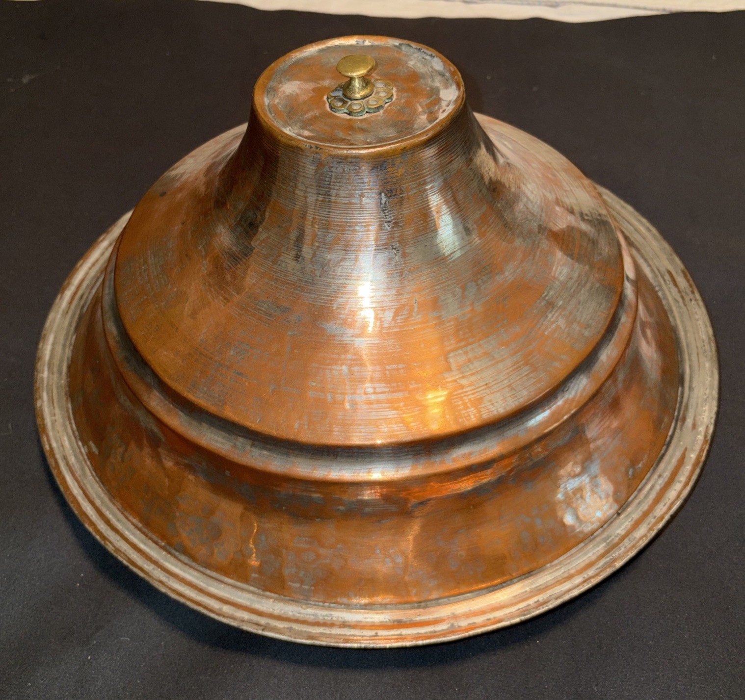 Vintage Hand Hammered Tinned Copper Sarposh Food Dome Platter Brass Finial 14”