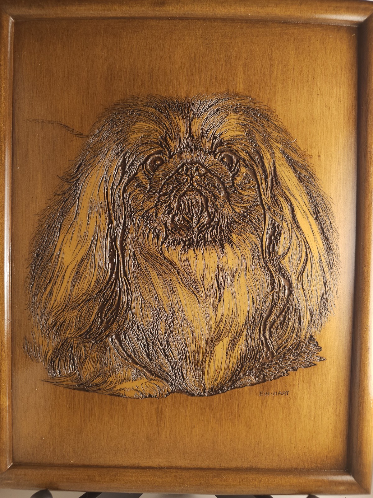 Vintage E. M. Hart Carved Wood Pekingese Dog Wall Plaque Plaque Art 12.5