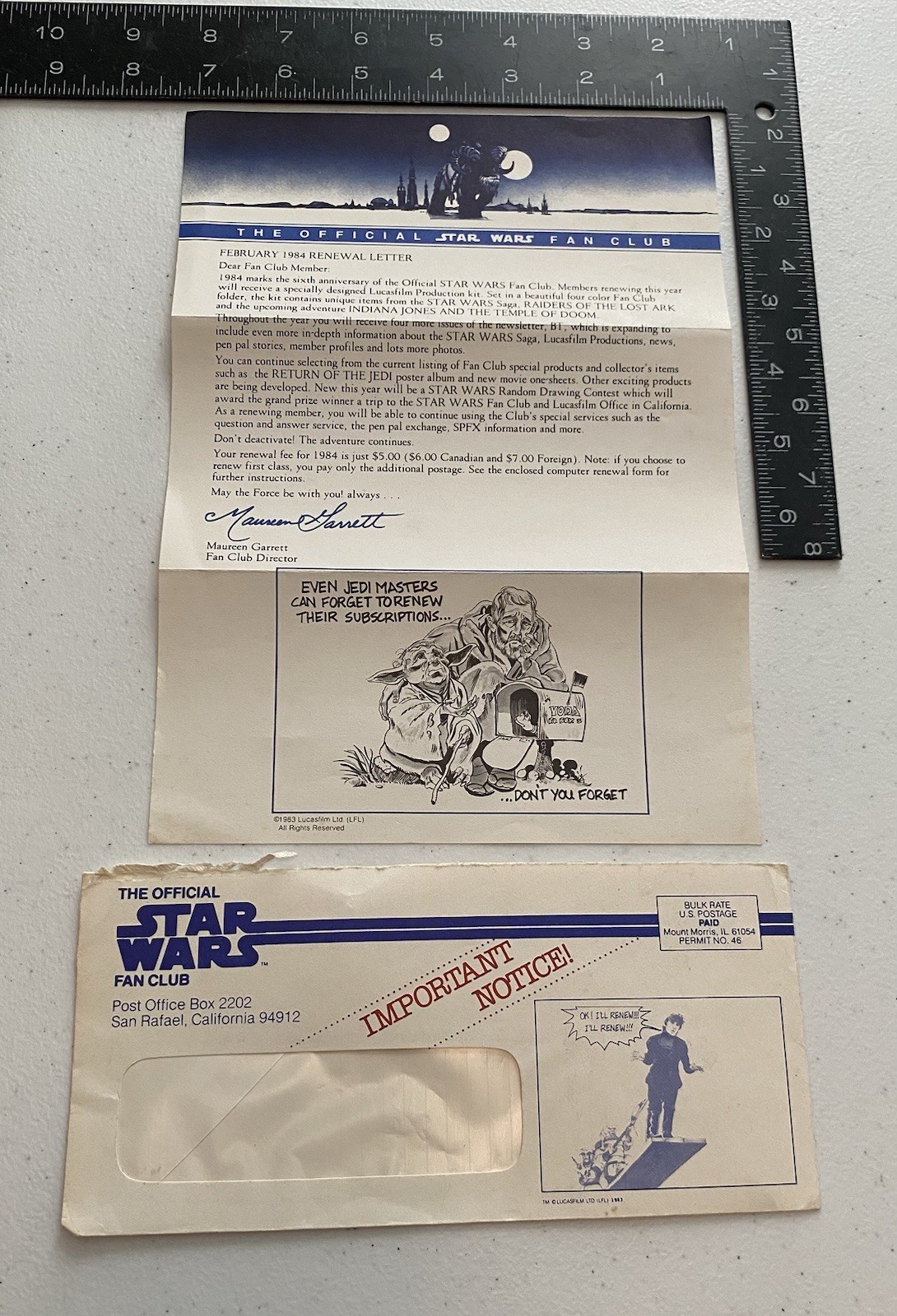 Vintage Official Fan Club Renewal Newsletter & Envelope-Feb 1984