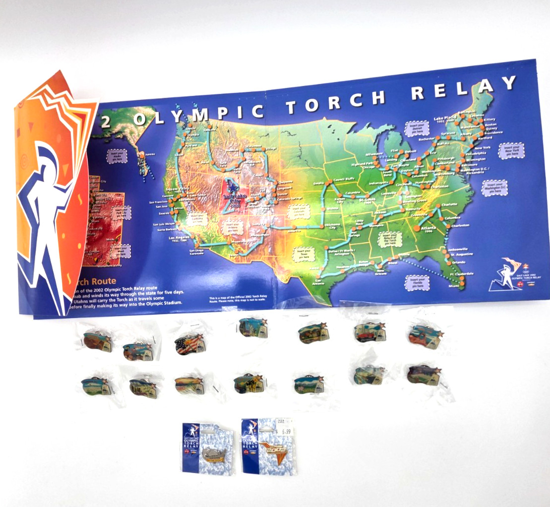 2002 Salt Lake Olympic Torch Relay Complete 14 Pin Set Map & 2 Bonus Torch Pins