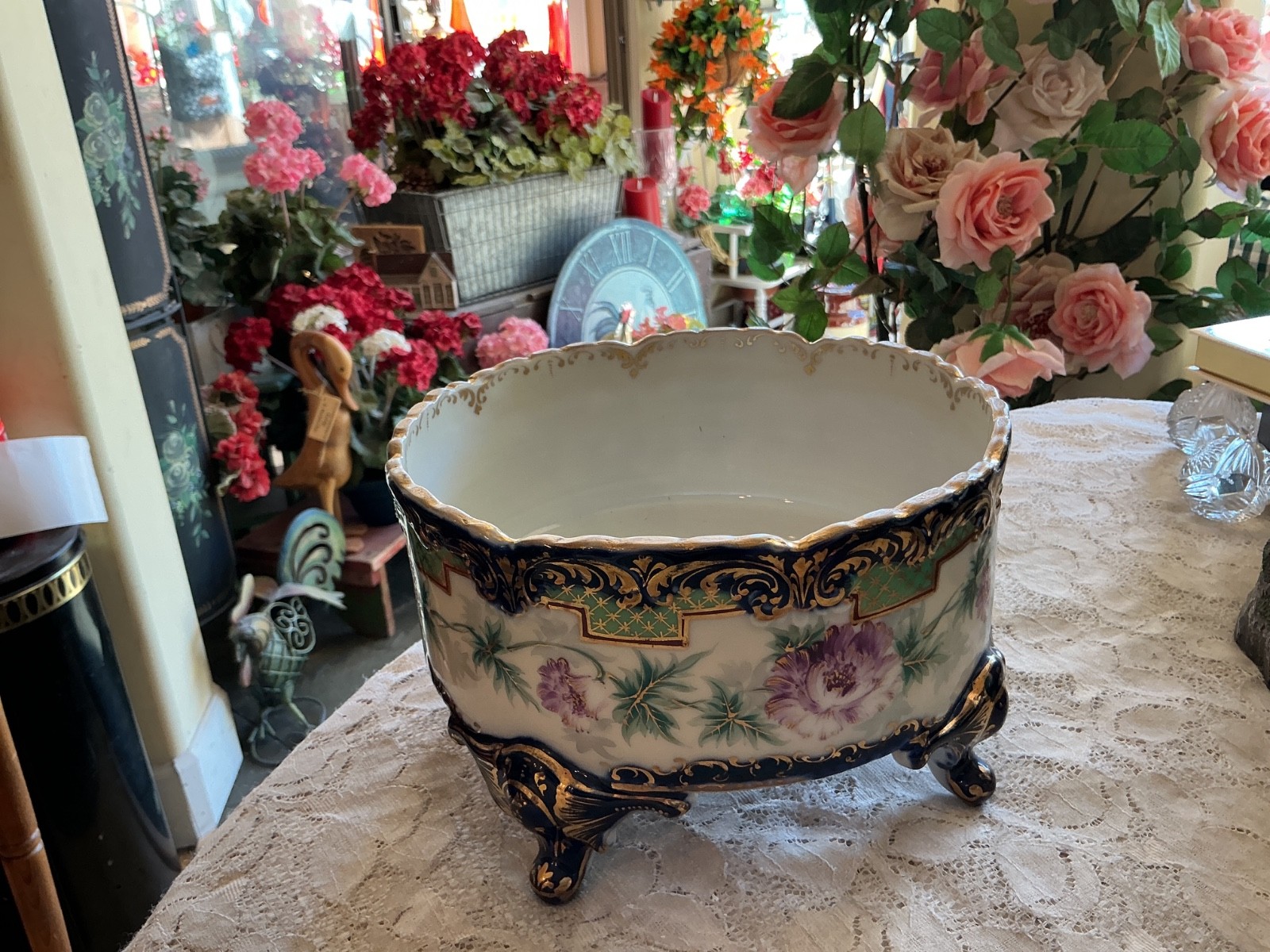 Antique Nippon Hand Painted 4 Footed Ferner Bowl Raised Gold Design/Pink Flowers Antique Nippon Hand Painted 4 Footed Ferner Bowl Raised Gold Design/Pink Flowers