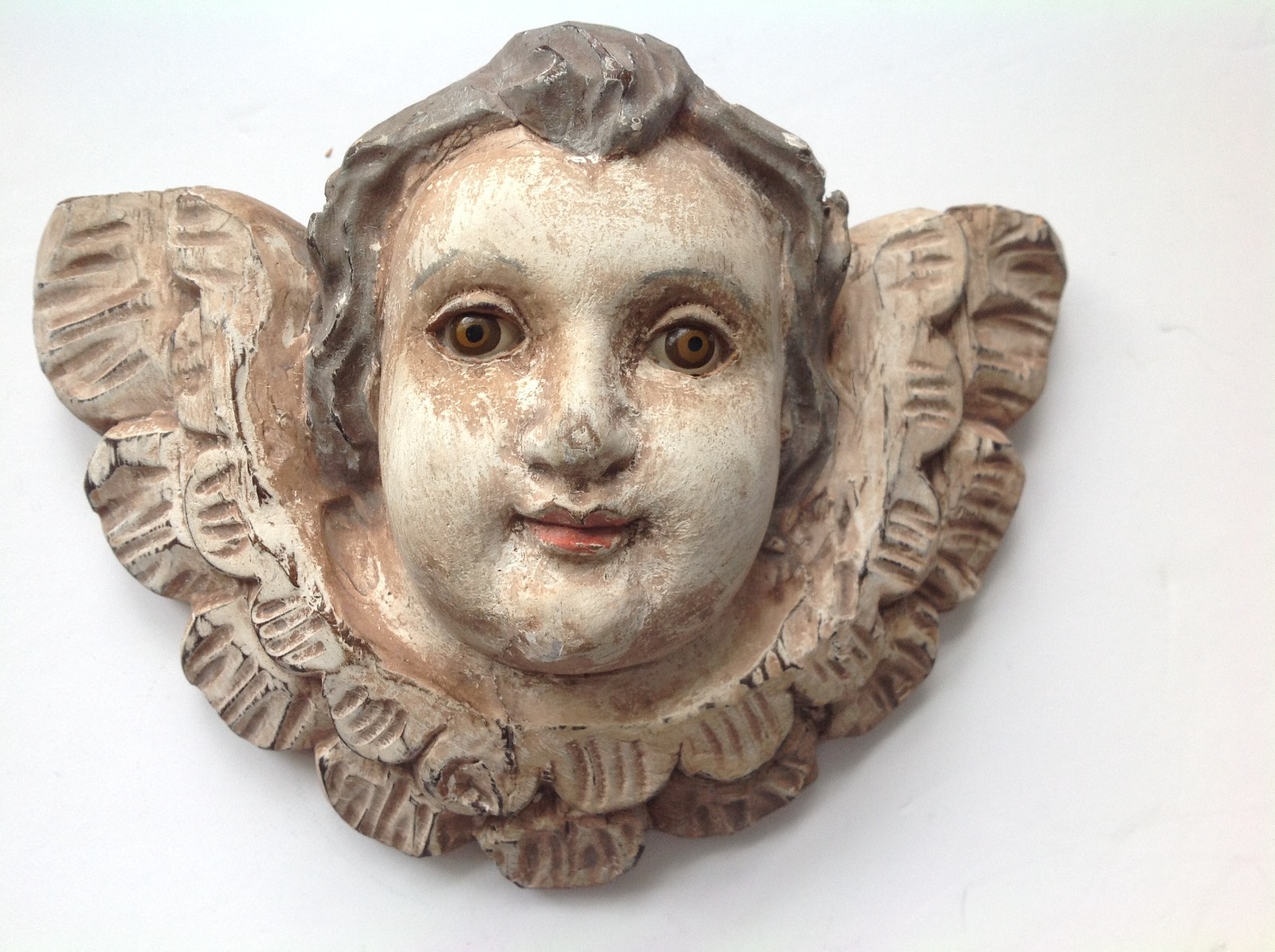 Antique Carved Wood Putti Angel Head with Glass Eyes Antique Carved Wood Putti Angel Head with Glass Eyes
