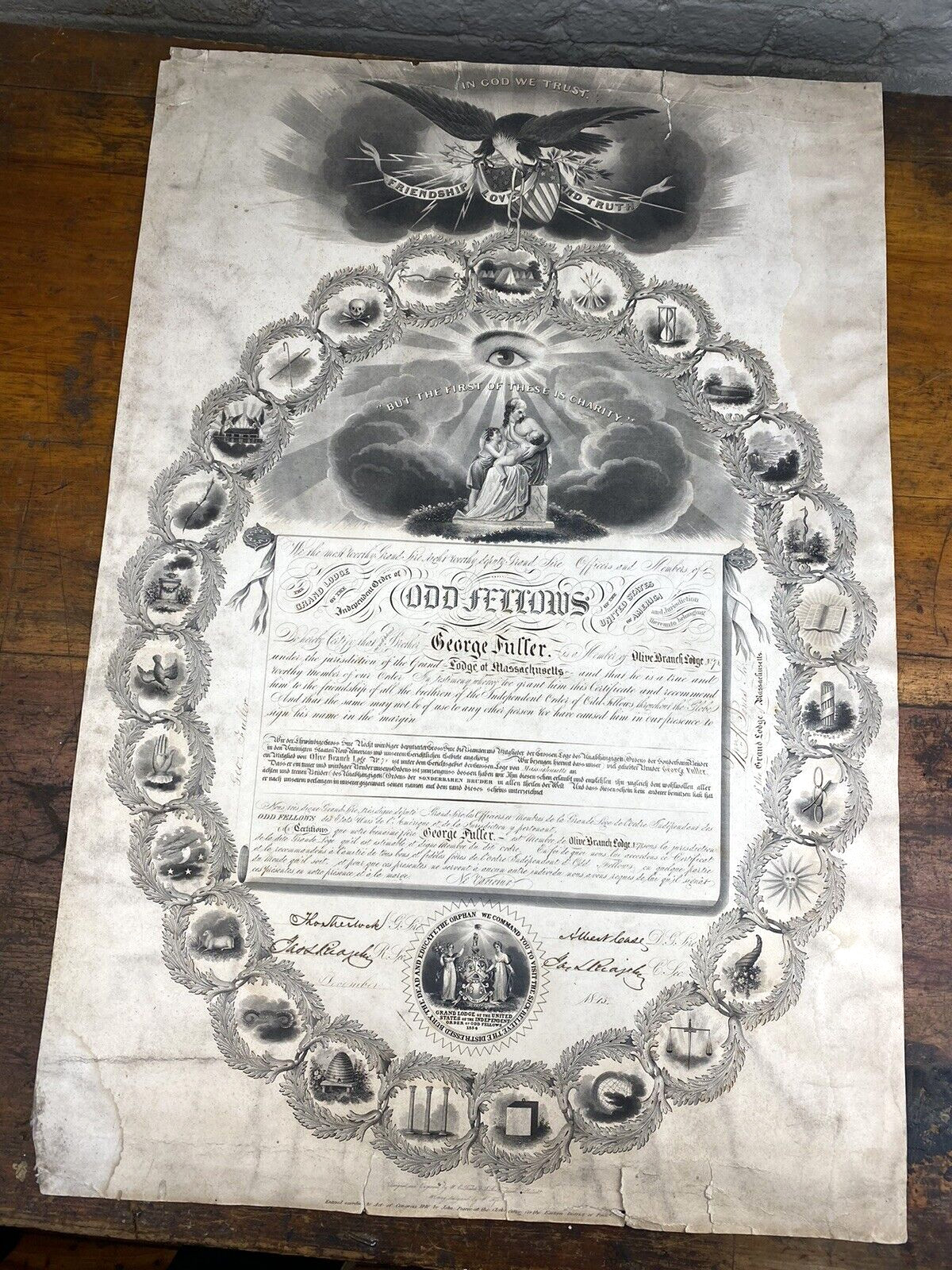 Rare 1845 I.O.O.F. Membership Cert., Olive Branch Lodge MASS ~ Iconic Symbols Rare 1845 I.O.O.F. Membership Cert., Olive Branch Lodge MASS ~ Iconic Symbols