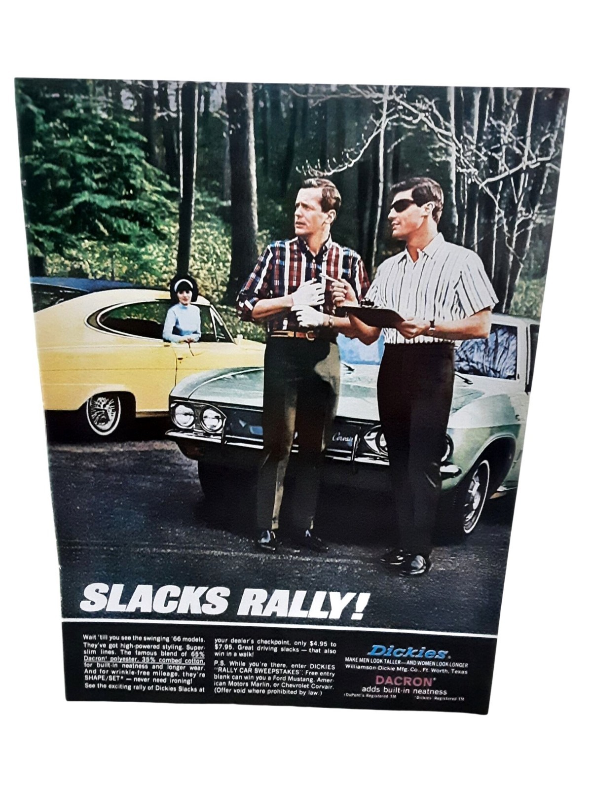1966 Dickies Slacks Chevy Corvair Vintage Clothing Print Ad