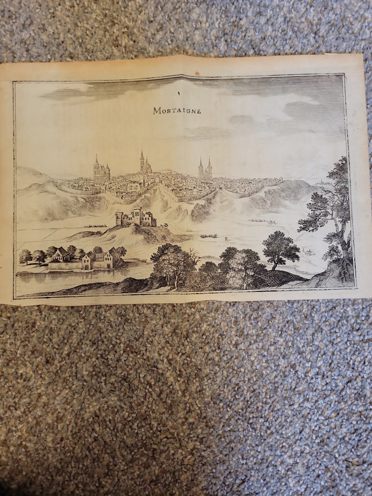 Antique 17th Century City Of Mortaigne Normandy Printed Lithograph Antique 17th Century City Of Mortaigne Normandy Printed Lithograph