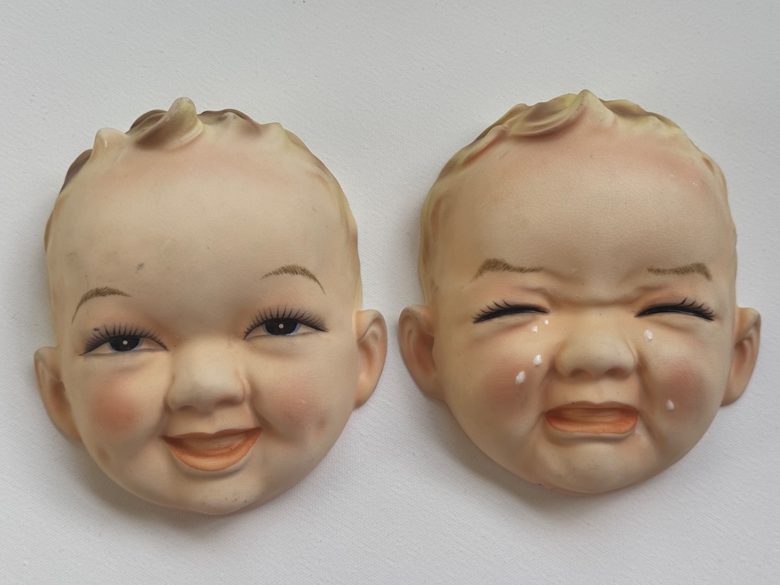 Vintage Lefton Crying Baby Faces Wall Plaques Happy Crying Pair 6.5
