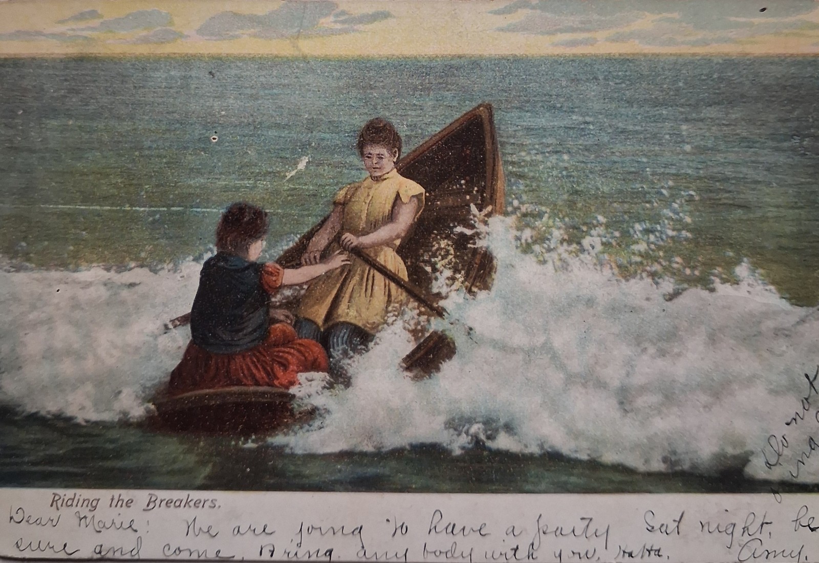 1908 Riding The Breakers ROWBOAT Postcard Victorian Women Beach