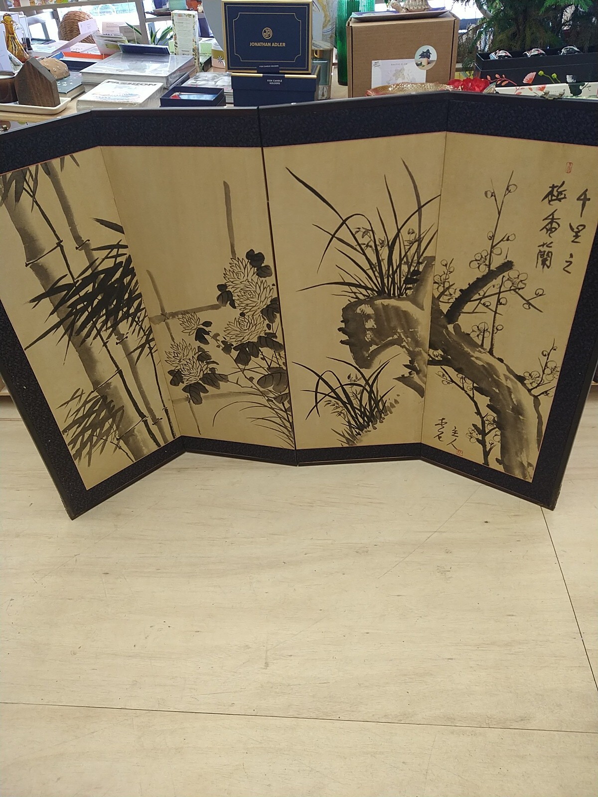 Rare Anique 3’H Signed Japanese Folding Painted Panels Wall Art Calligraphy VTG Rare Anique 3’H Signed Japanese Folding Painted Panels Wall Art Calligraphy VTG