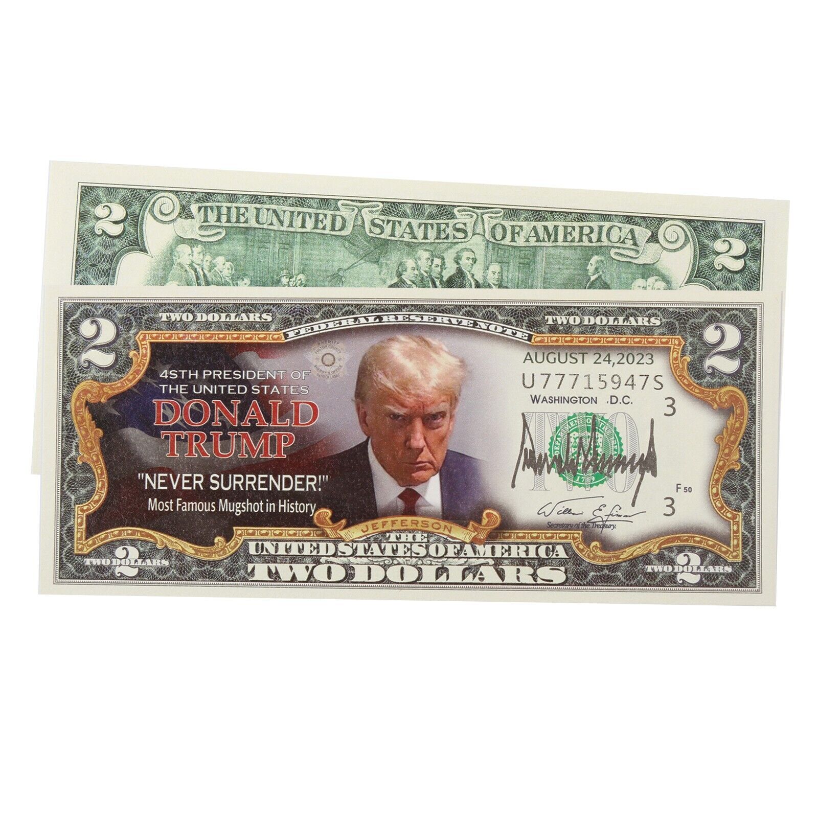 Donald Trump Never Surrender Colorized Mugshot 2 Dollar Bill Uncirculated Comme