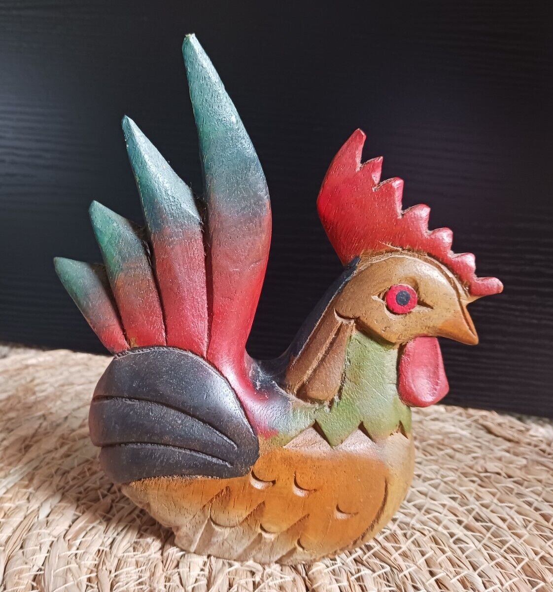 Hand Carved Painted Wooden Rooster Folk Art Primitive Farm Chicken Figurine 6.5\