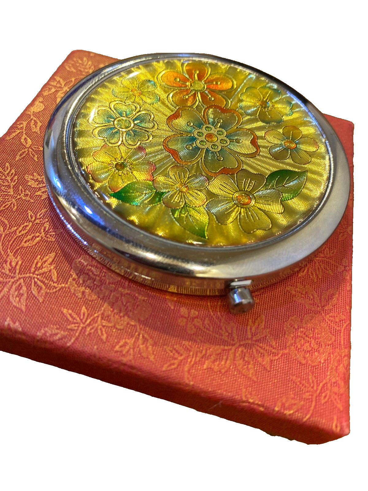 Vintage Floral Enamel Pocket Mirror Compact Makeup Purse Mirror Gift For Her.