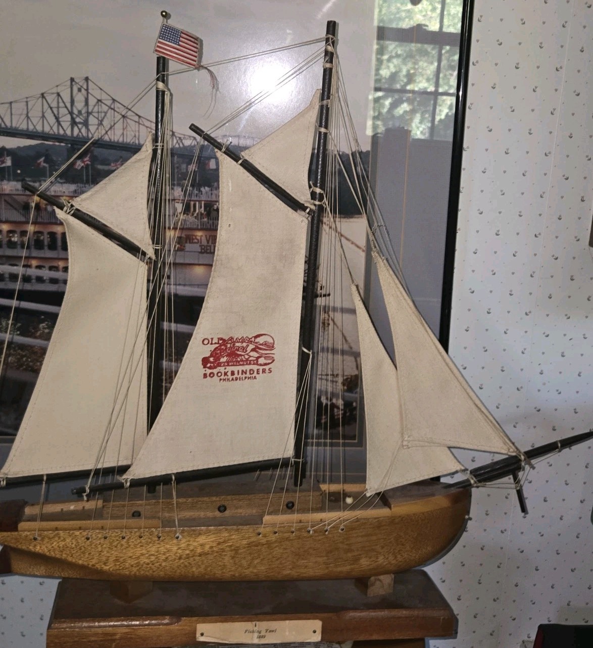 RARE ORIGINAL BOOKBINDERS RESTAURANT 1889 FISHING YAWL WITH SAIL MARKED... RARE ORIGINAL BOOKBINDERS RESTAURANT 1889 FISHING YAWL WITH SAIL MARKED...