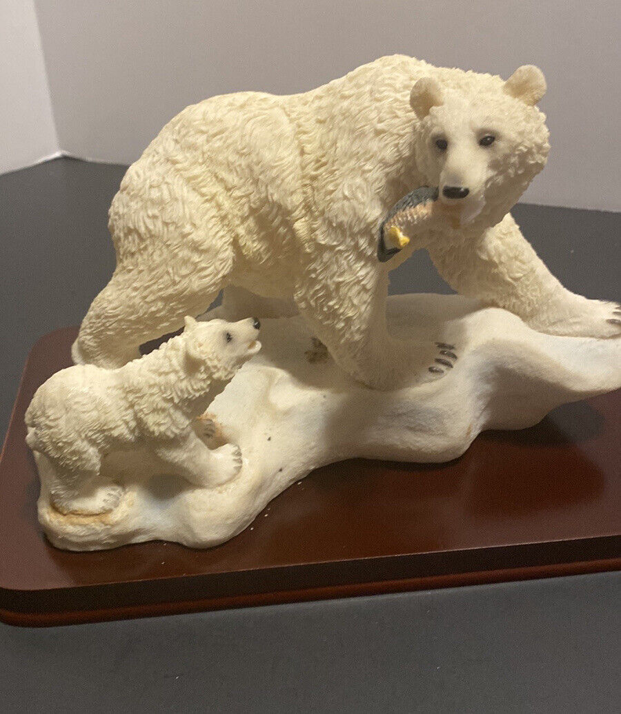 Papa Polar bear With Fish In Mouth  And Cub hard resin wood base 9x6 Inches