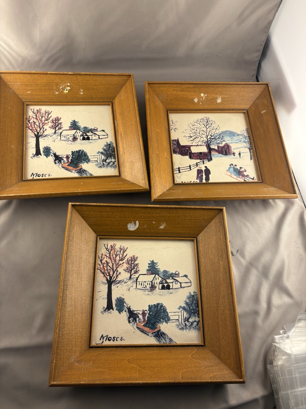 Vintage Grandma Moses Folk Art Ceramic Tiles 6x6 Copyright 1952 Set 3
