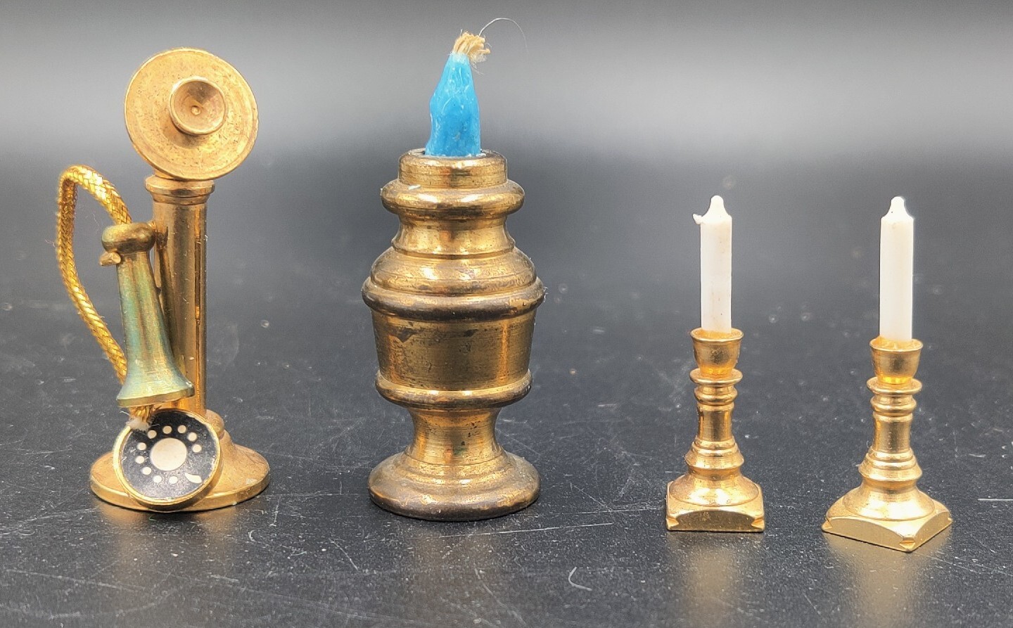 Vintage Brass Dollhouse Candlesticks Miniature + Old Fashioned Phone 4pc lot 