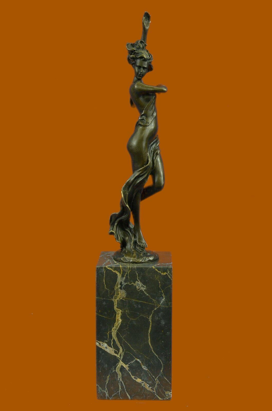 Vintage Turn of Century Bronze Statue Original NUDE Dancing Girl W/ Brown Marble