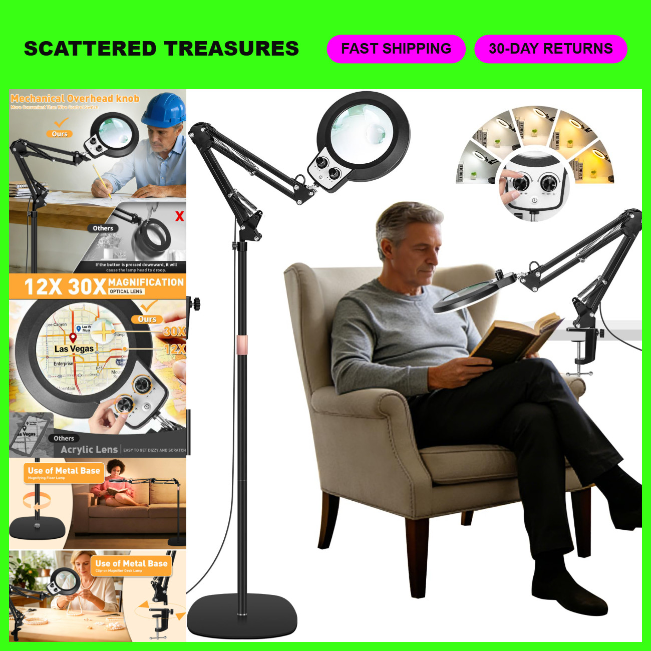 4-in-1 Adjustable Floor Magnifying Lamp with Light, 12X/30X Glass Lens, Black
