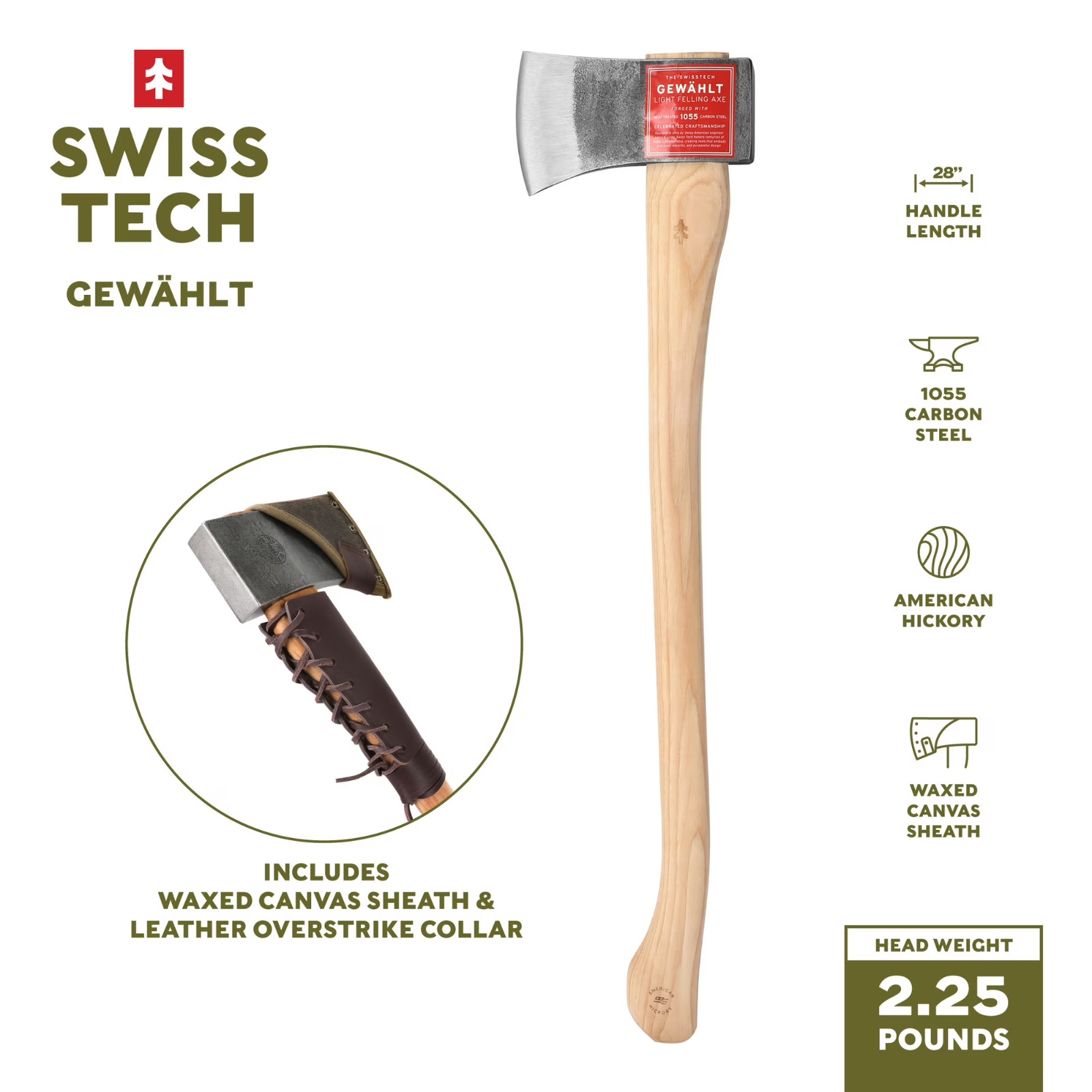 Swiss Tech 28-inch Drop Forged Steel Axe with Hickory Handle, Gewahlt Swiss Tech 28-inch Drop Forged Steel Axe with Hickory Handle, Gewahlt