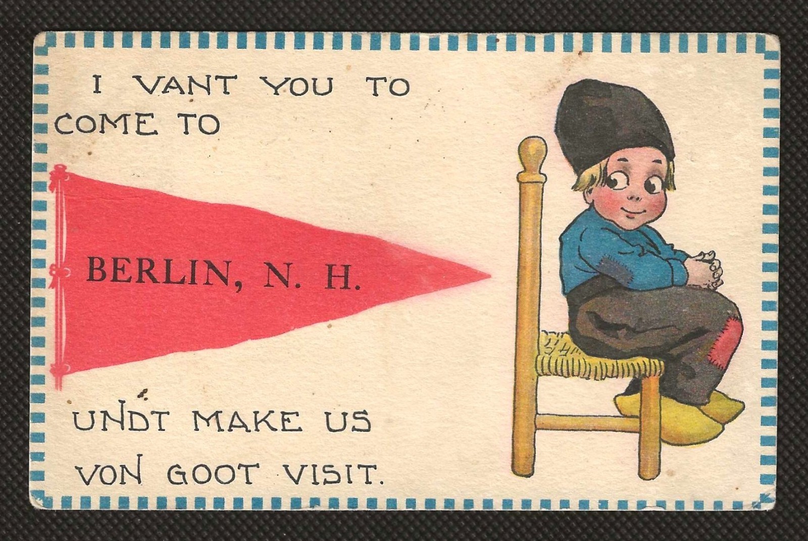 Berlin NH New Hampshire Dutch Comic Pennant Vintage Postcard 1913 Berlin NH New Hampshire Dutch Comic Pennant Vintage Postcard 1913