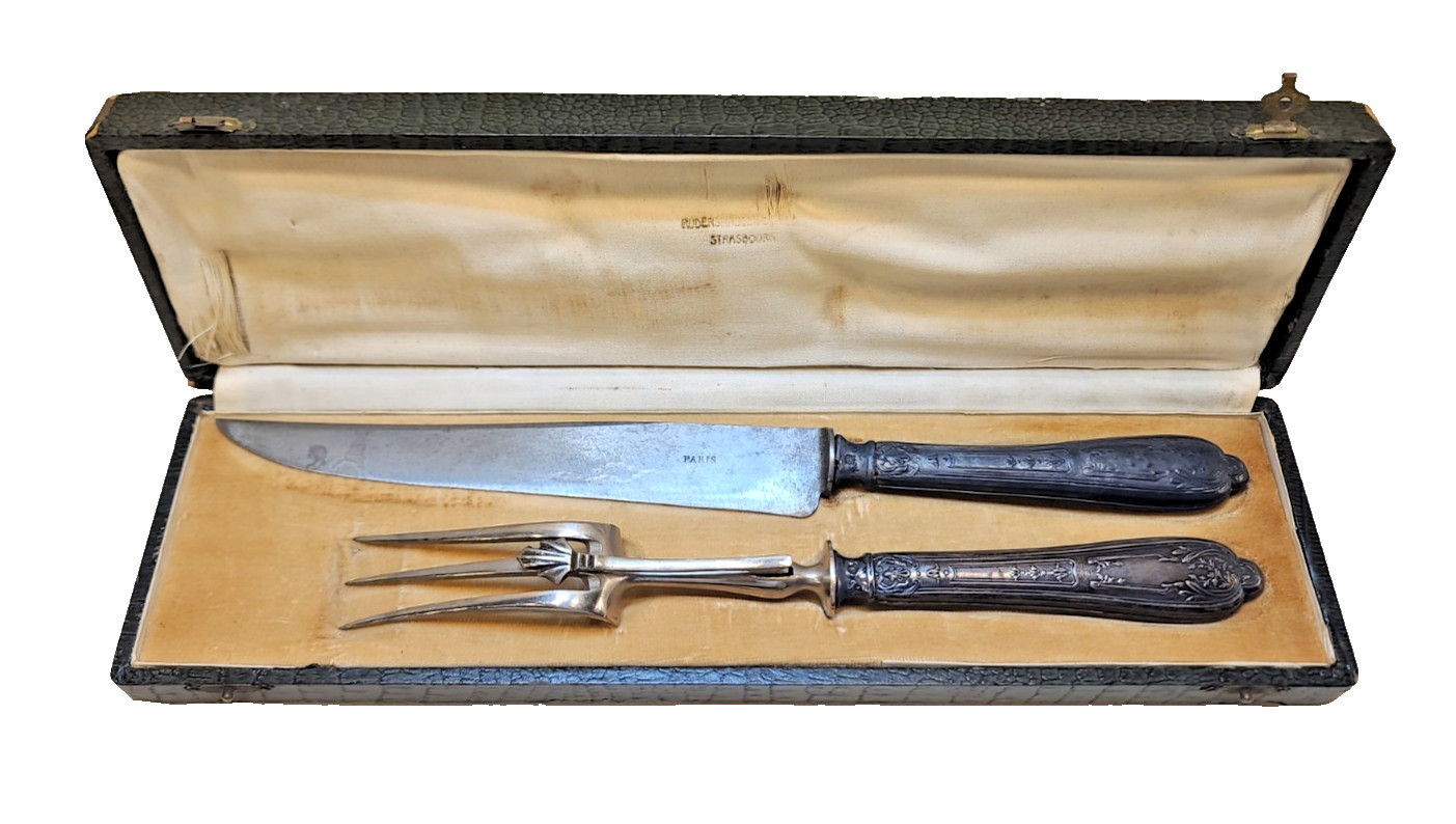 Antique E. Husser Strasbourg France Carving Knife & Fork Set w/ Case