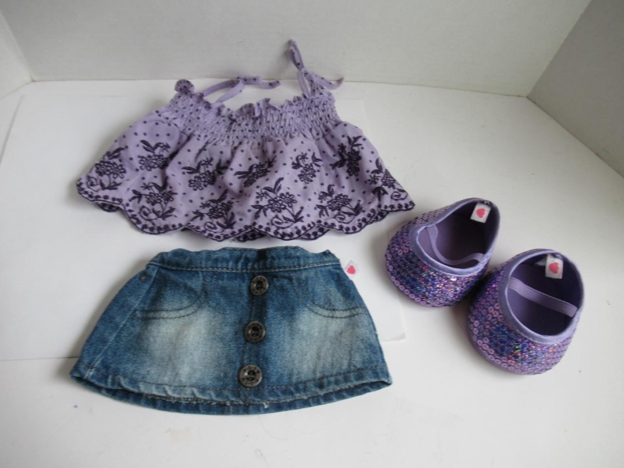Build A Bear Workshop Purple Floral Top Demin Skirt and Purple Sequin Shoes Build A Bear Workshop Purple Floral Top Demin Skirt and Purple Sequin Shoes
